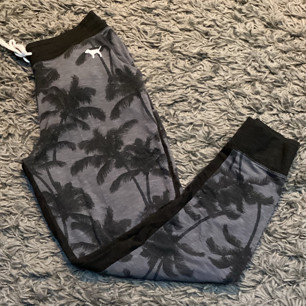 PINK Victoria's Secret Black and Gray Palm Tree Joggers